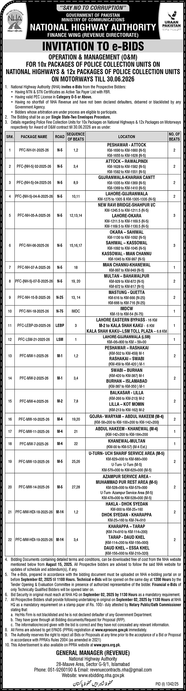 National Highway Authority Islamabad Tender Notice